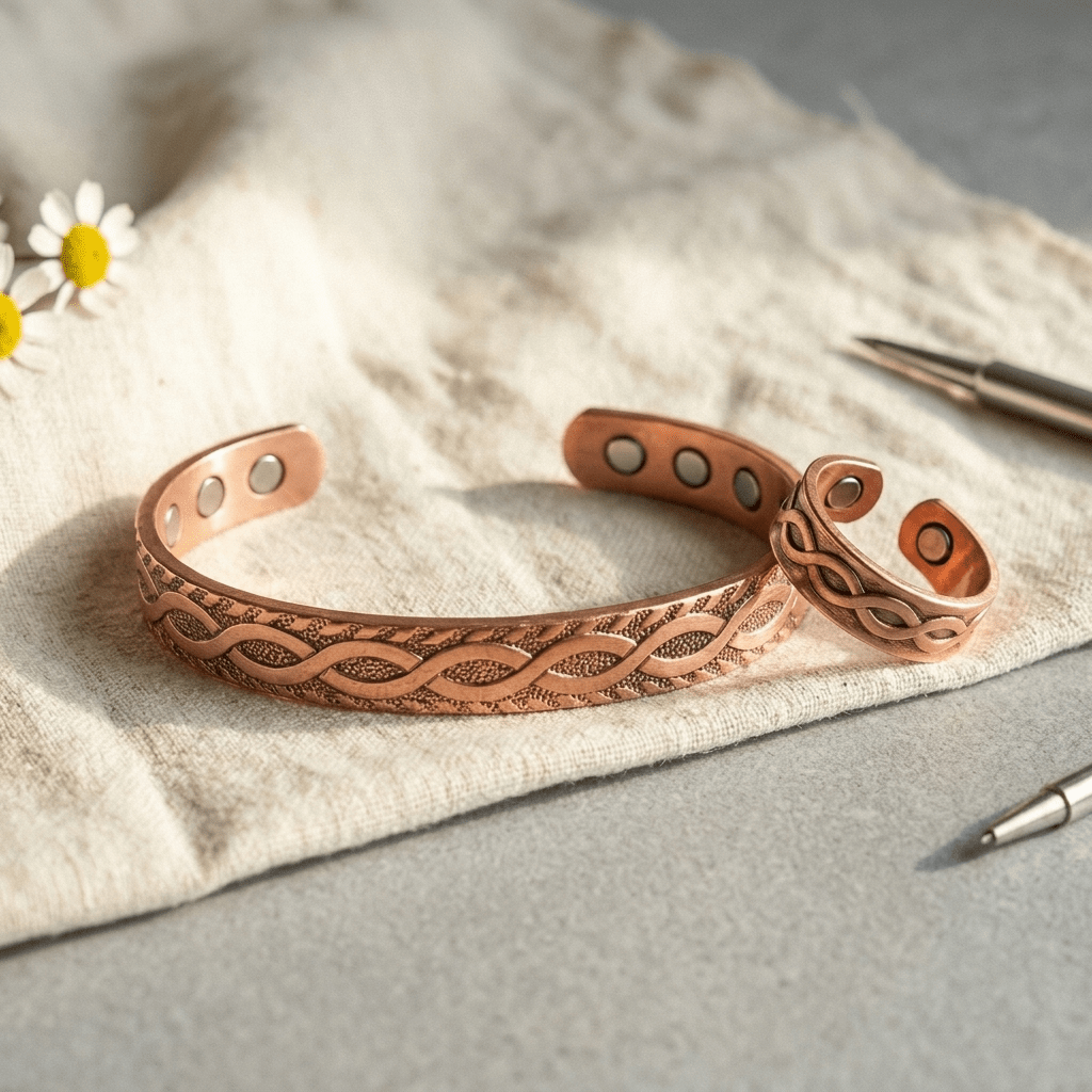 Knot engraved copper bracelet and ring set