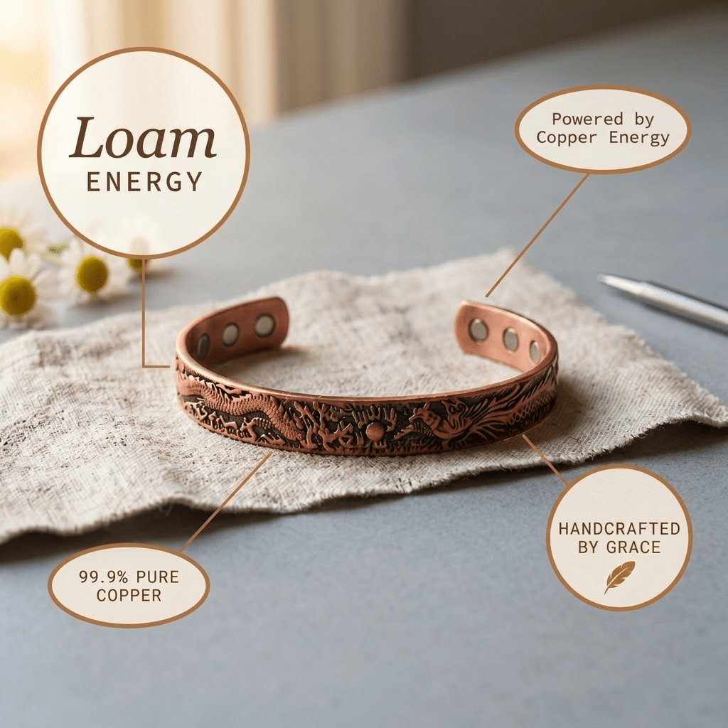 Copper cuff bracelet with a hand-embossed dragon design