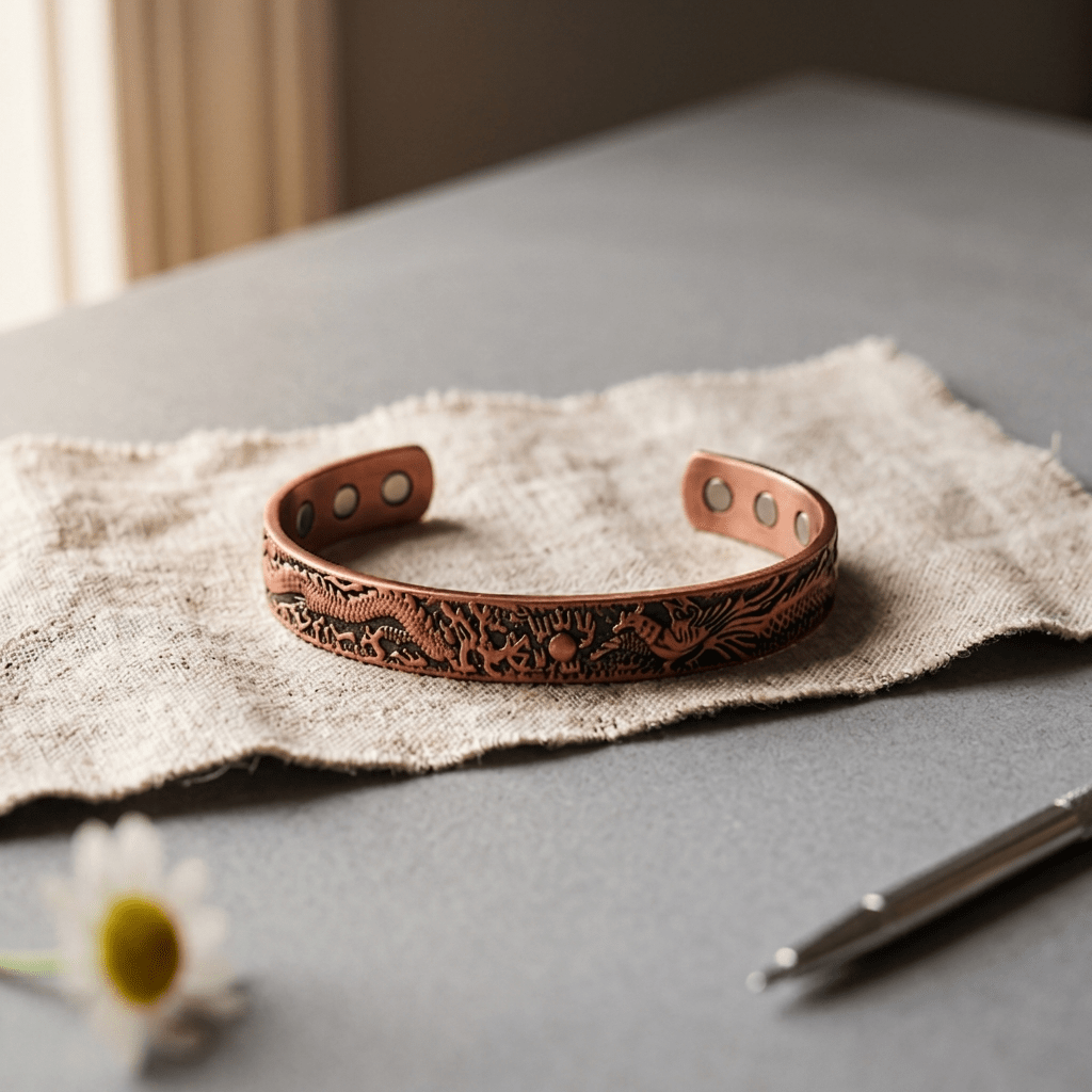 Copper cuff bracelet with a hand-embossed dragon design