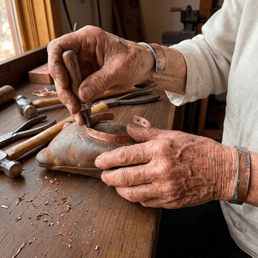 Hand-stamped flower pattern on a solid copper cuff bracelet