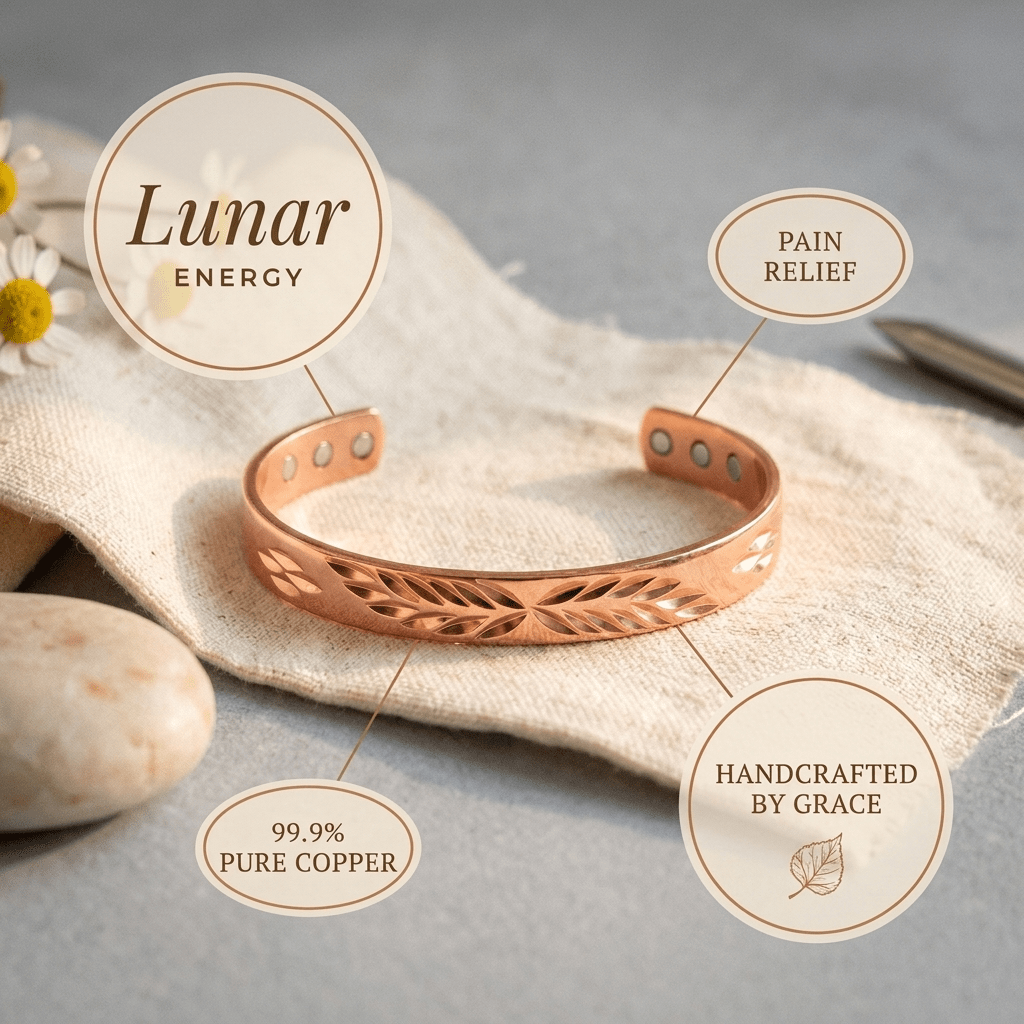 Woman wearing a leaf cut-out copper cuff