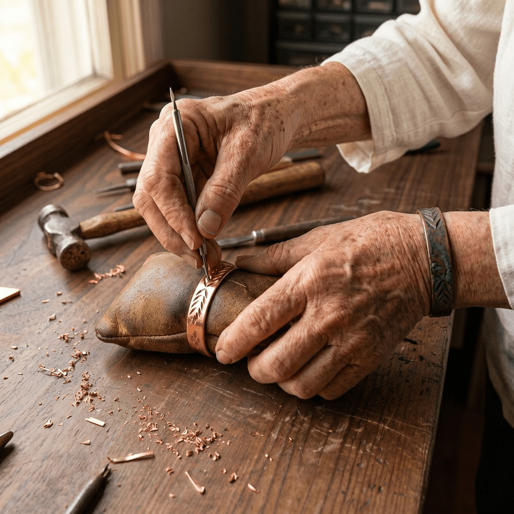 Woman wearing a leaf cut-out copper cuff