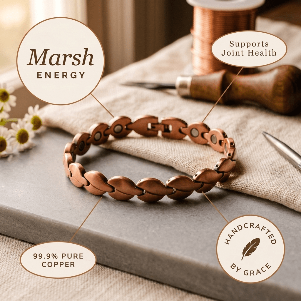 Magnetic copper anklet with hand-linked oval panels