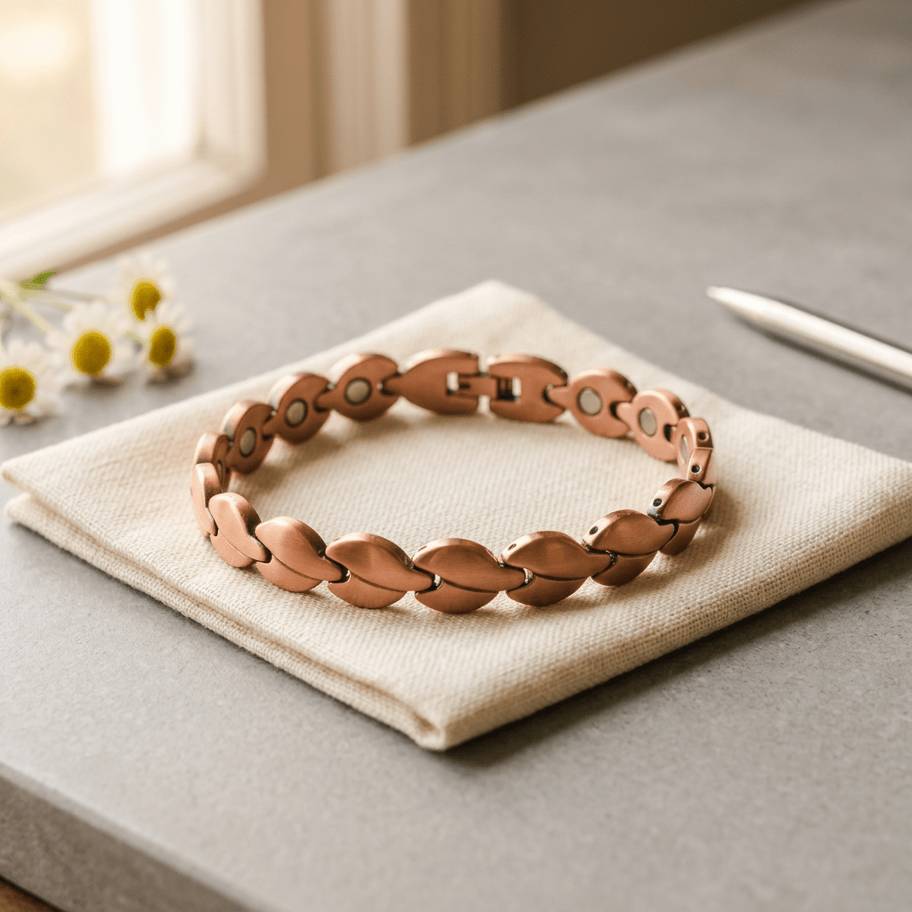 Magnetic copper anklet with hand-linked oval panels