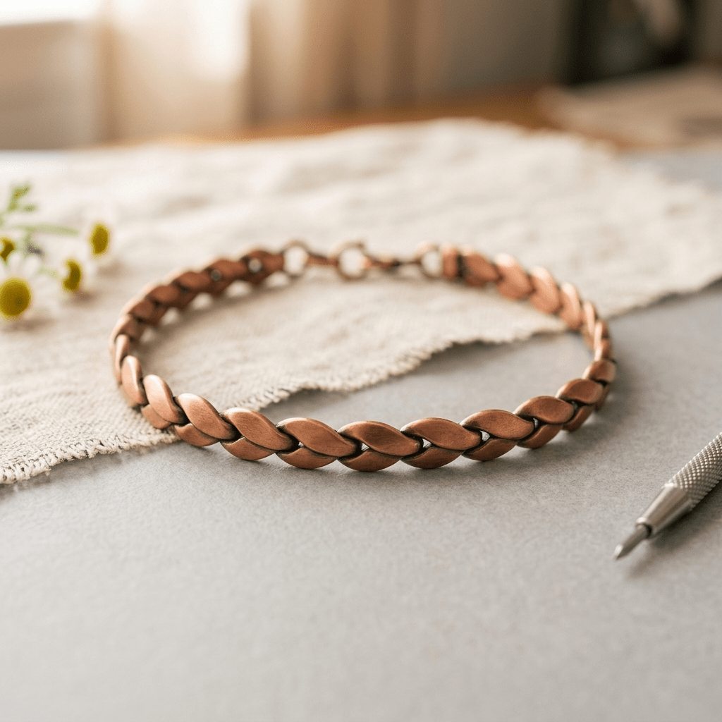 Magnetic copper anklet with hand-linked oval panels