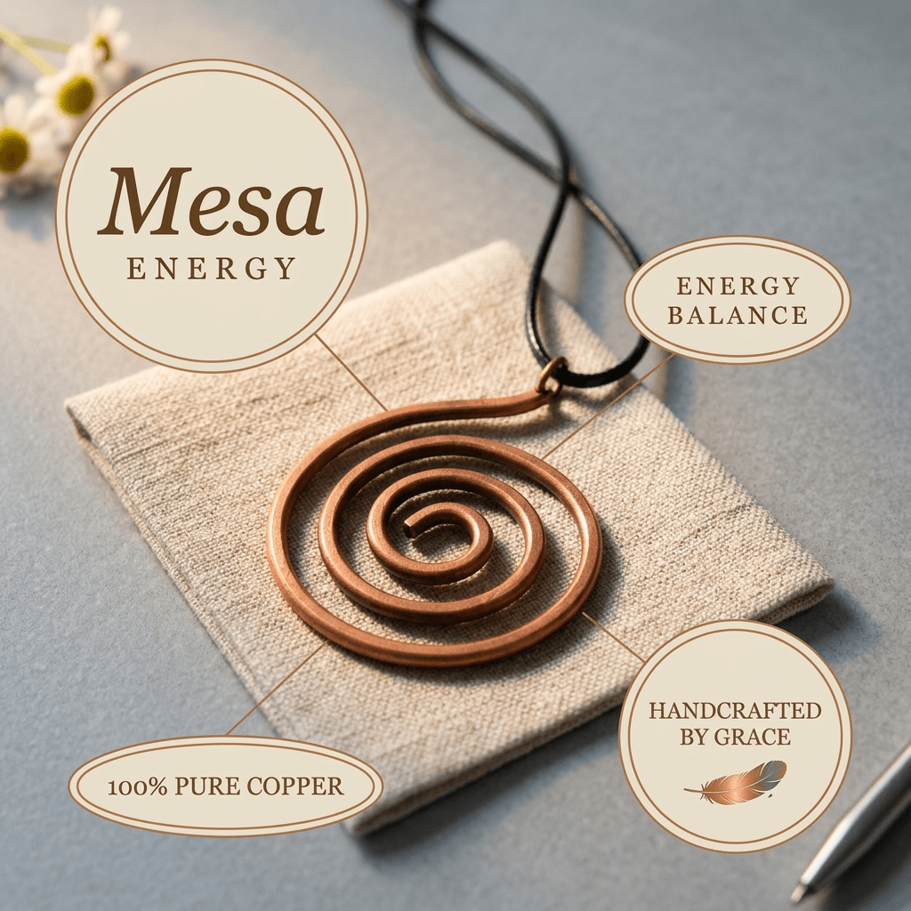 Woman wearing a spiral pendant copper necklace
