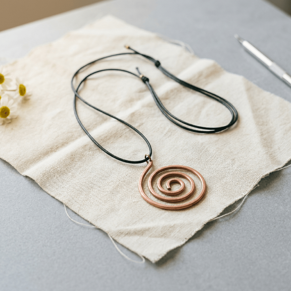 Woman wearing a spiral pendant copper necklace
