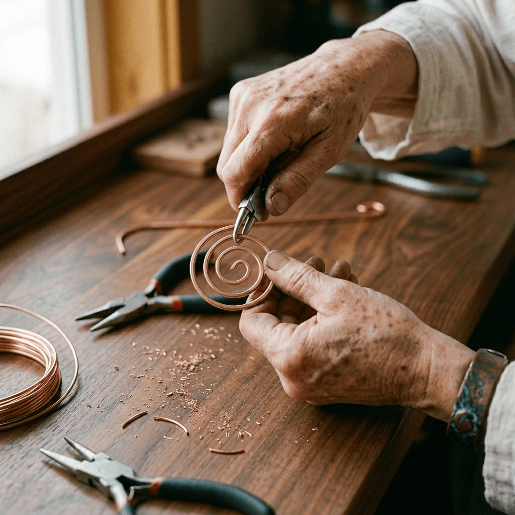 Woman wearing a spiral pendant copper necklace