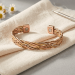 Three-tone herringbone woven copper bracelet in rose, gold and silver-cream