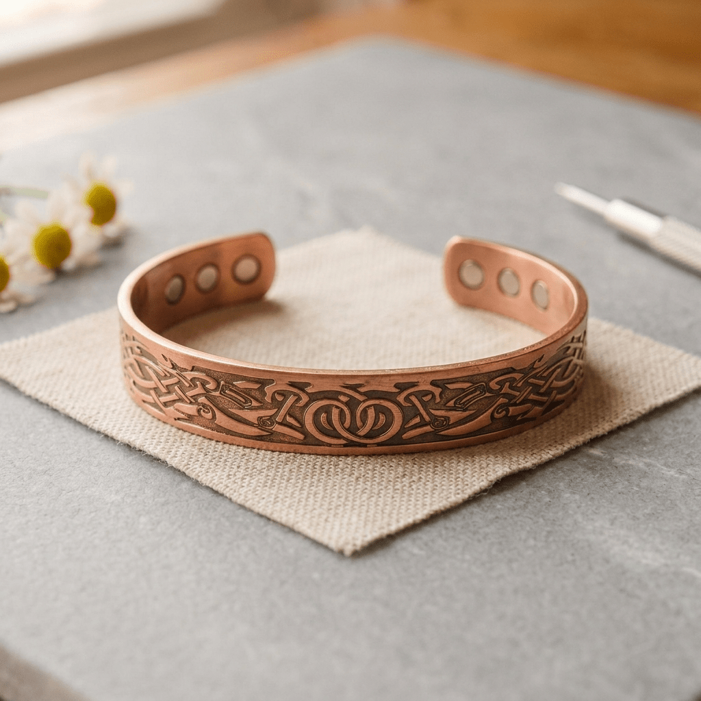 Copper cuff bracelet with a hand-engraved botanical pattern