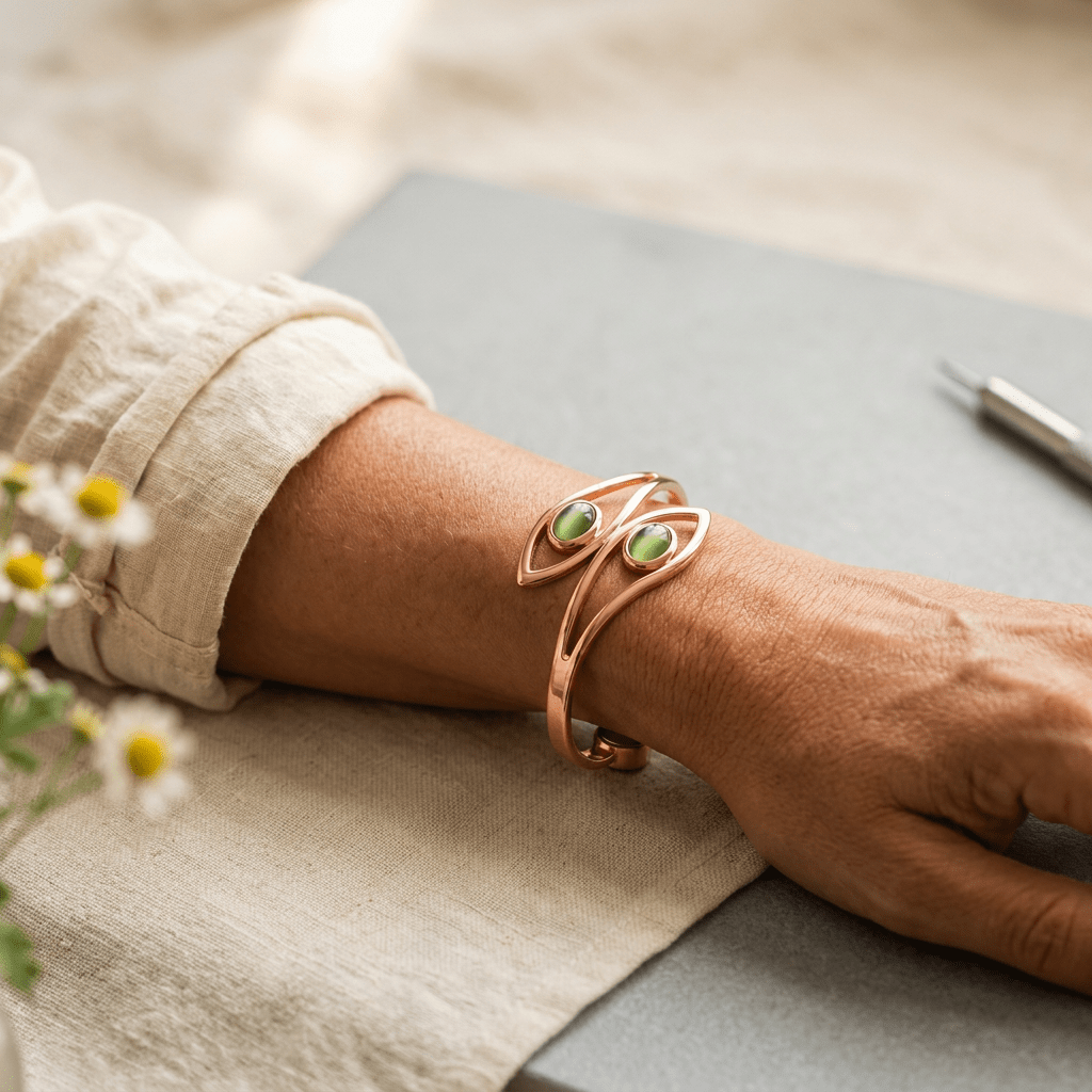 Copper cuff set with green opal stones