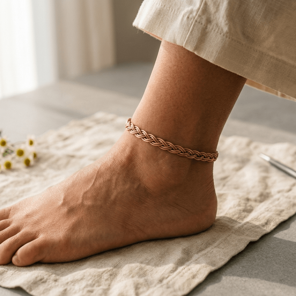 Braided copper anklet with an even, hand-woven pattern