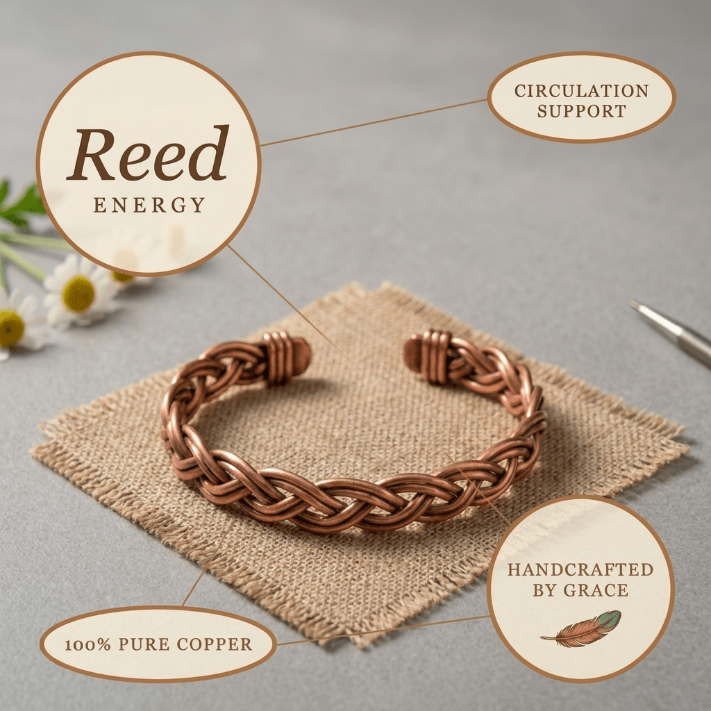 Braided copper anklet with an even, hand-woven pattern