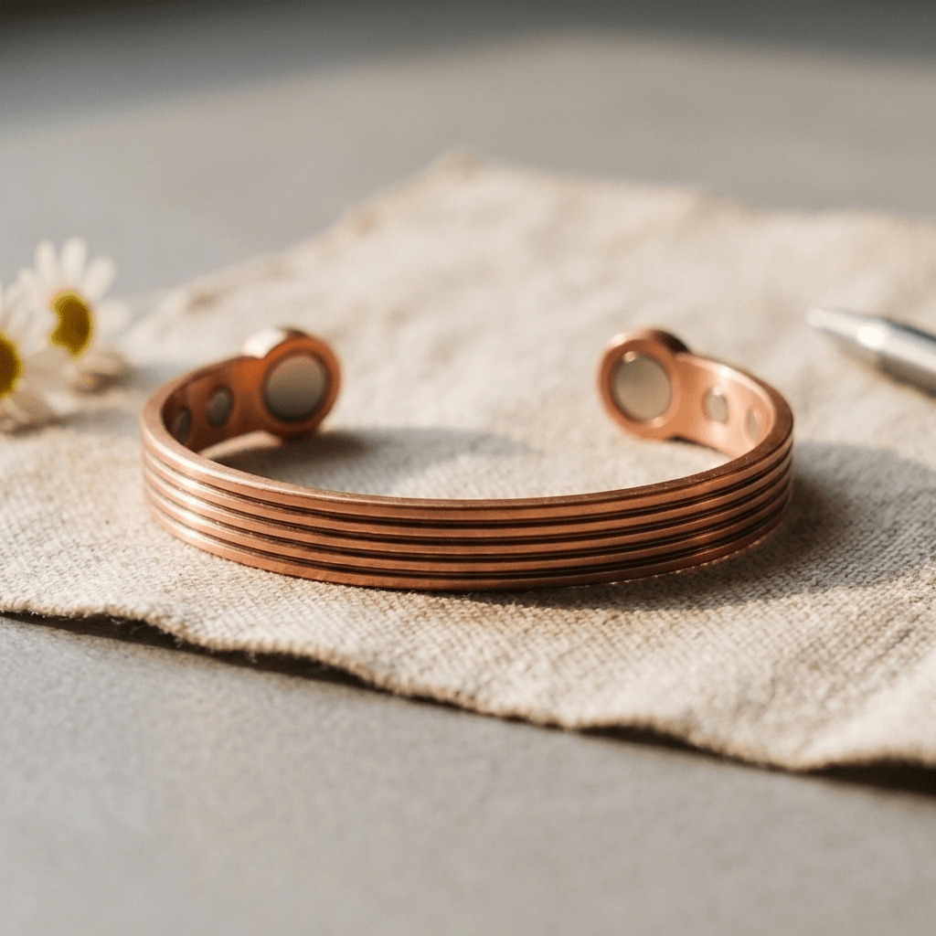 Woman wearing a ridged copper cuff bracelet with hand-cut textured ridges
