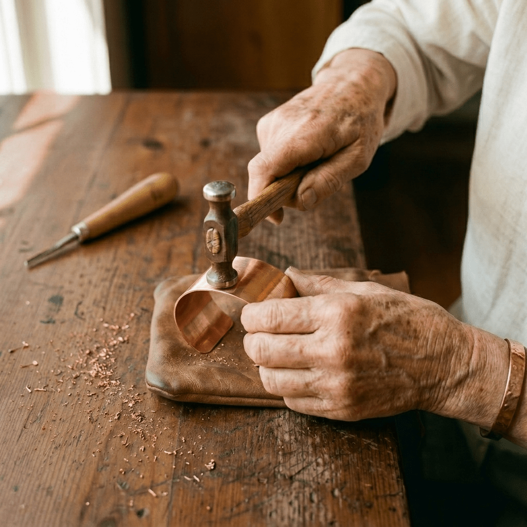 Woman wearing a ridged copper cuff bracelet with hand-cut textured ridges