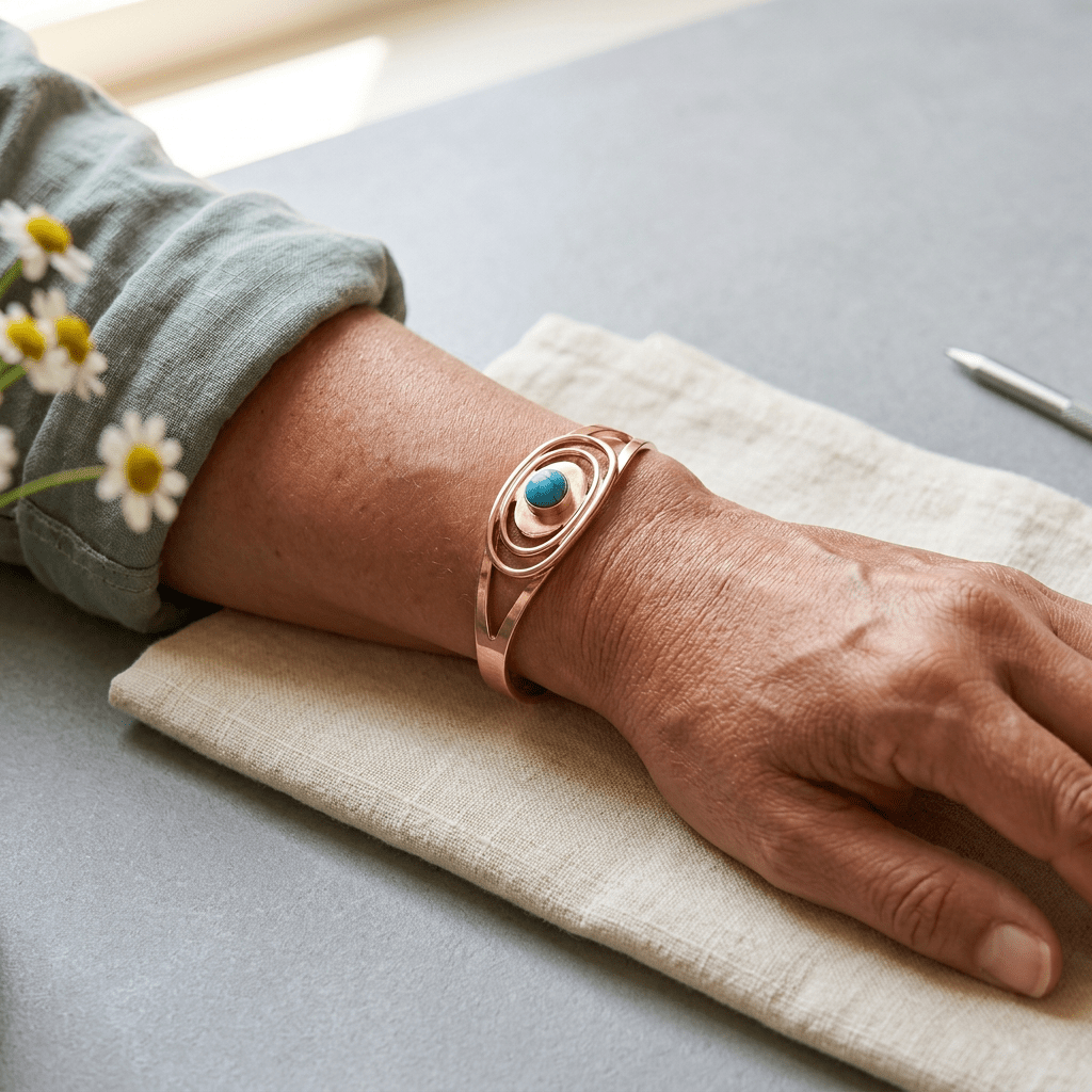 Woman wearing a turquoise and copper bracelet