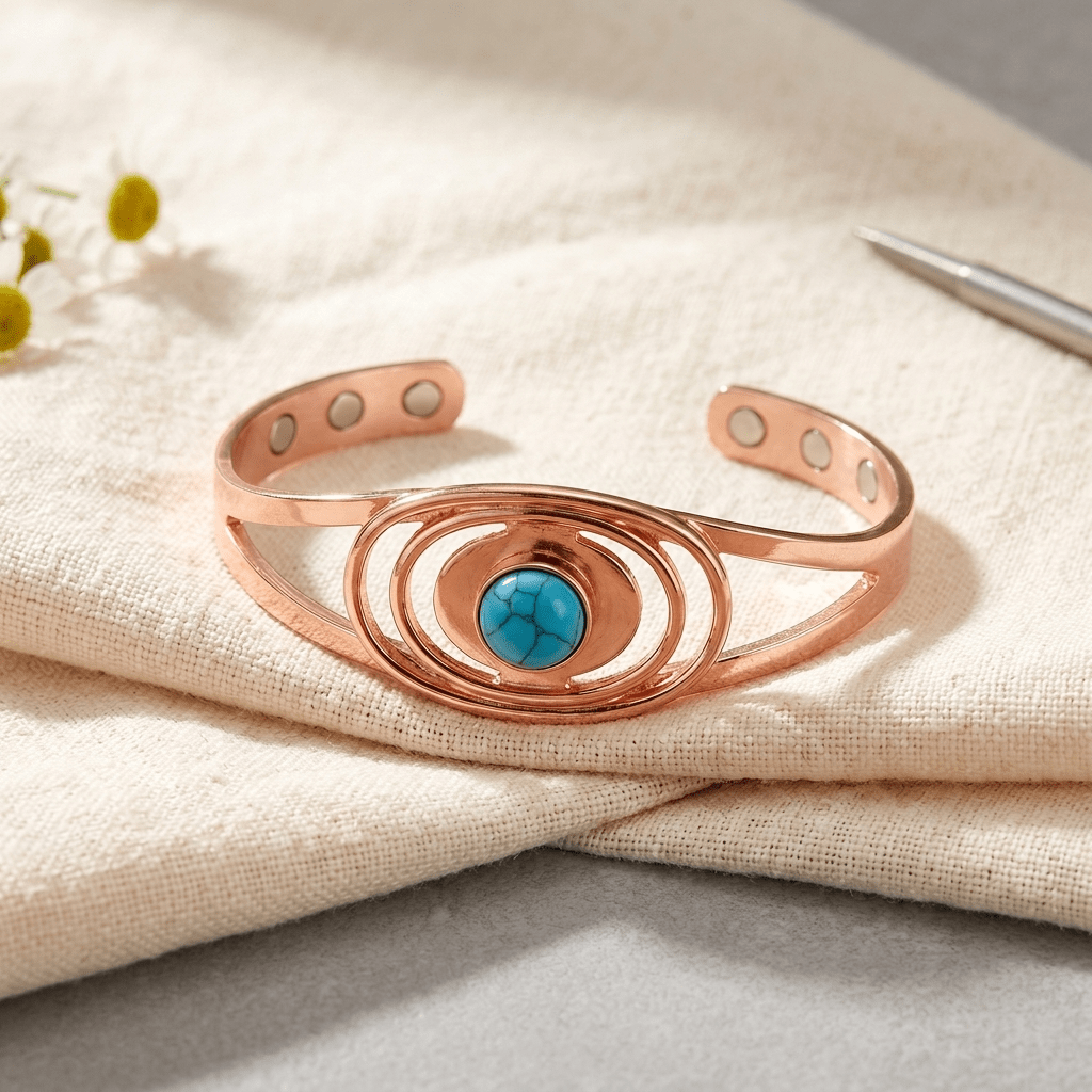 Woman wearing a turquoise and copper bracelet