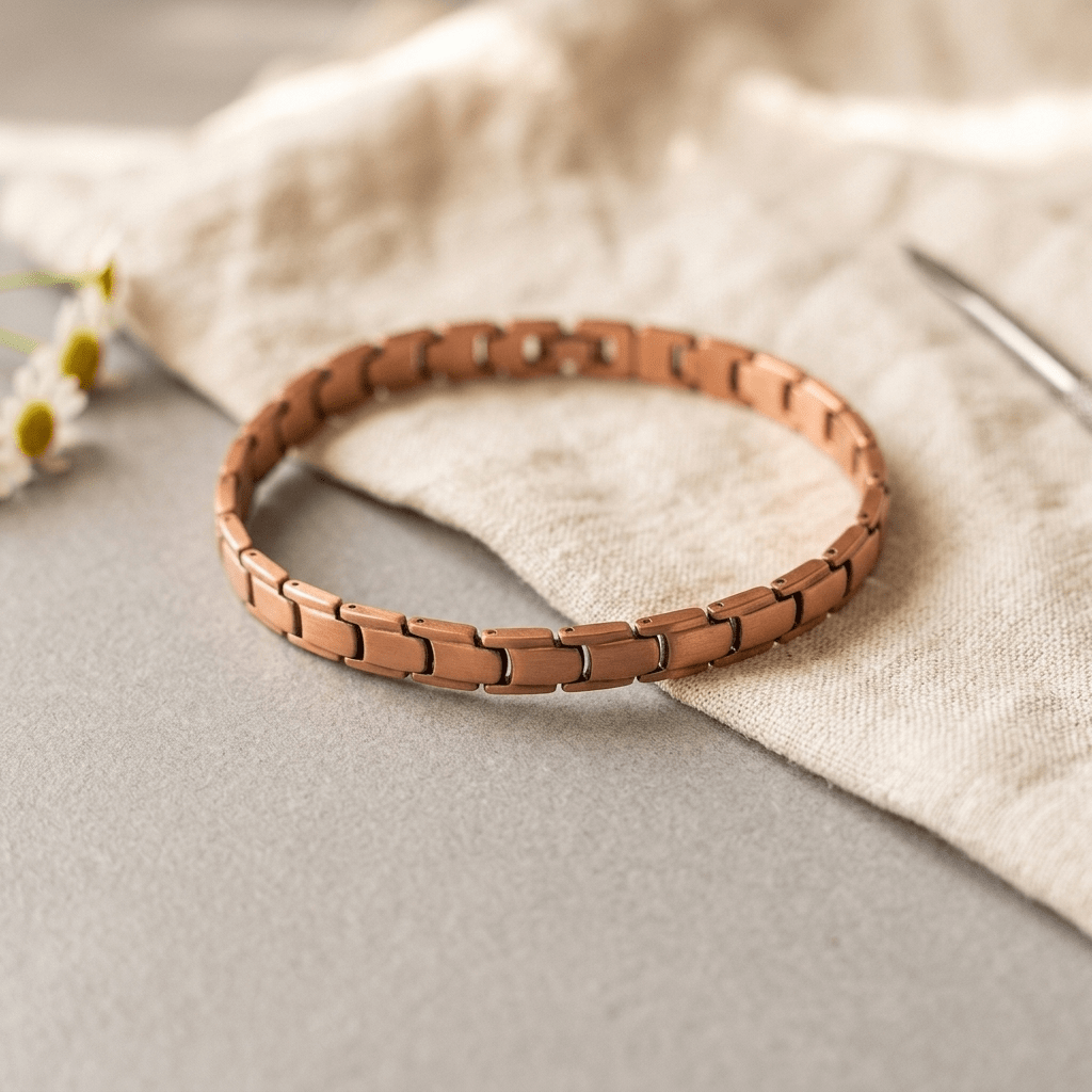 Copper link anklet worn around an ankle