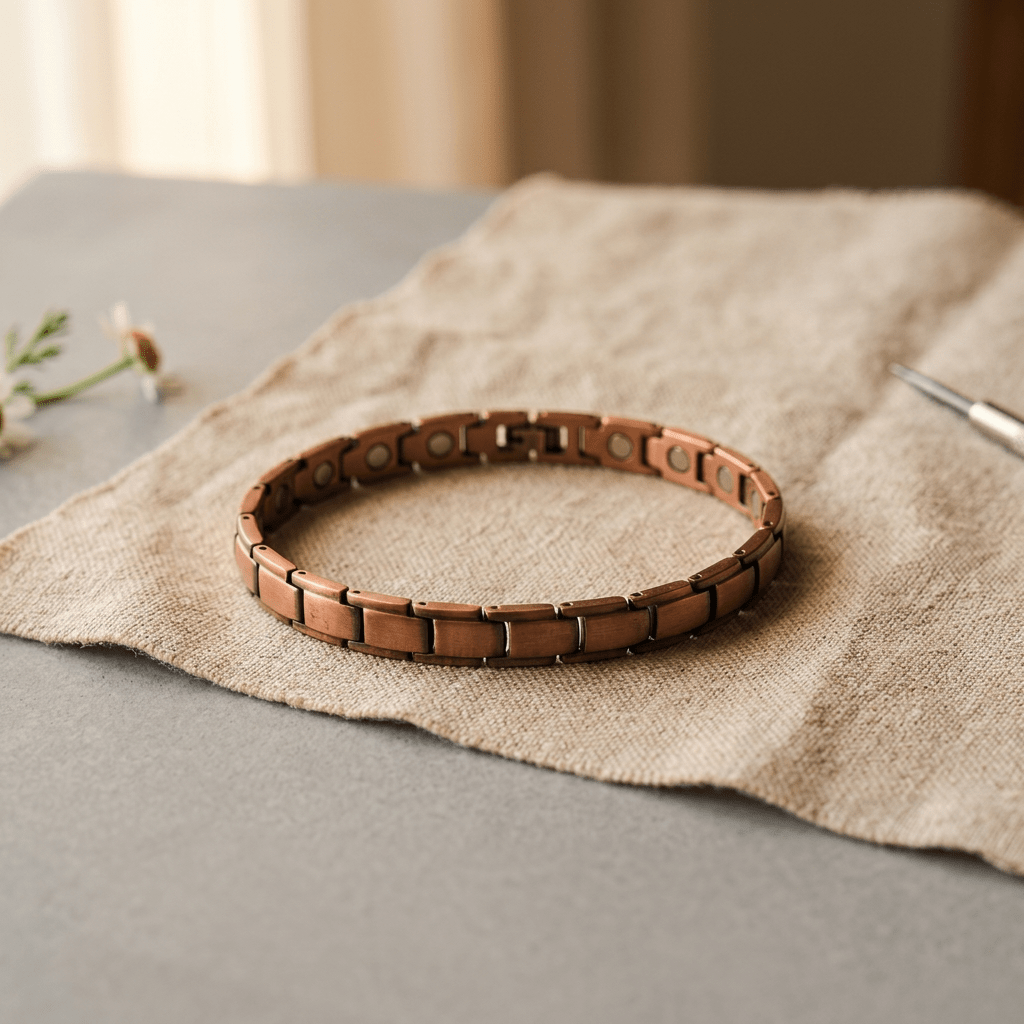 Copper link anklet worn around an ankle