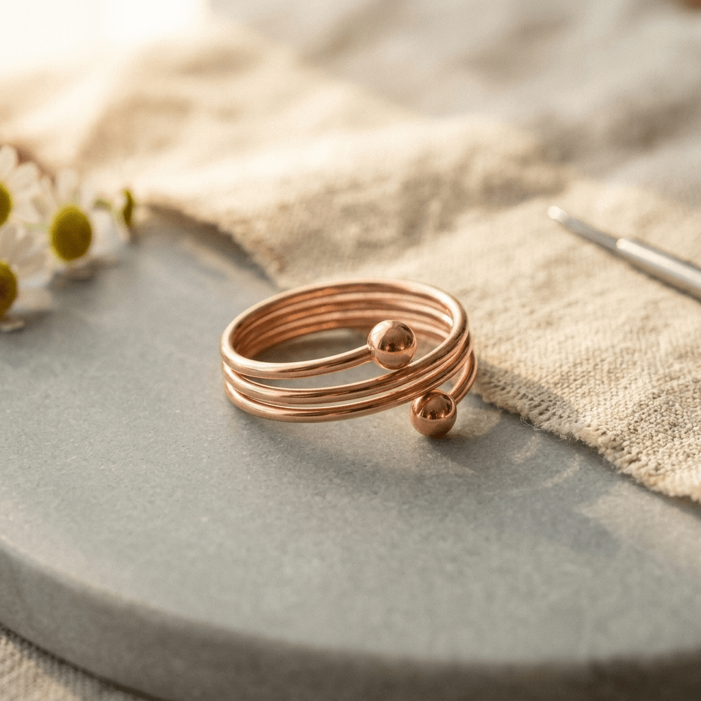 Woman wearing a triple coil copper ring