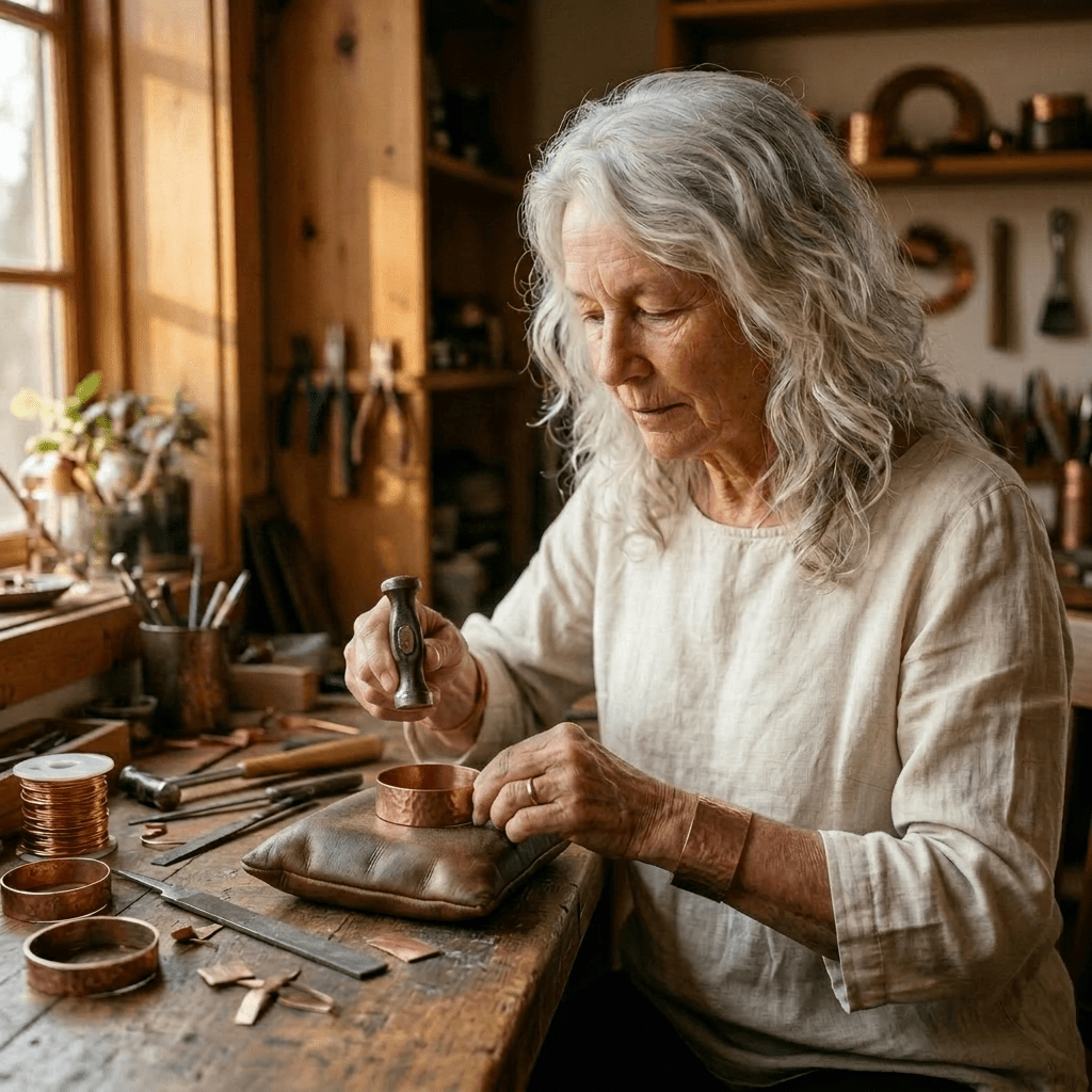 Woman wearing a triple coil copper ring