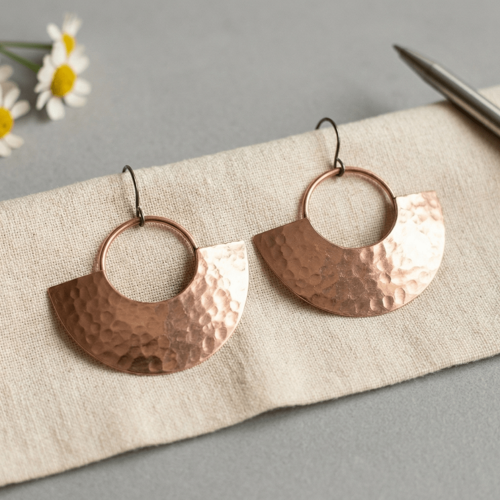 Hammered fan-shaped copper earrings