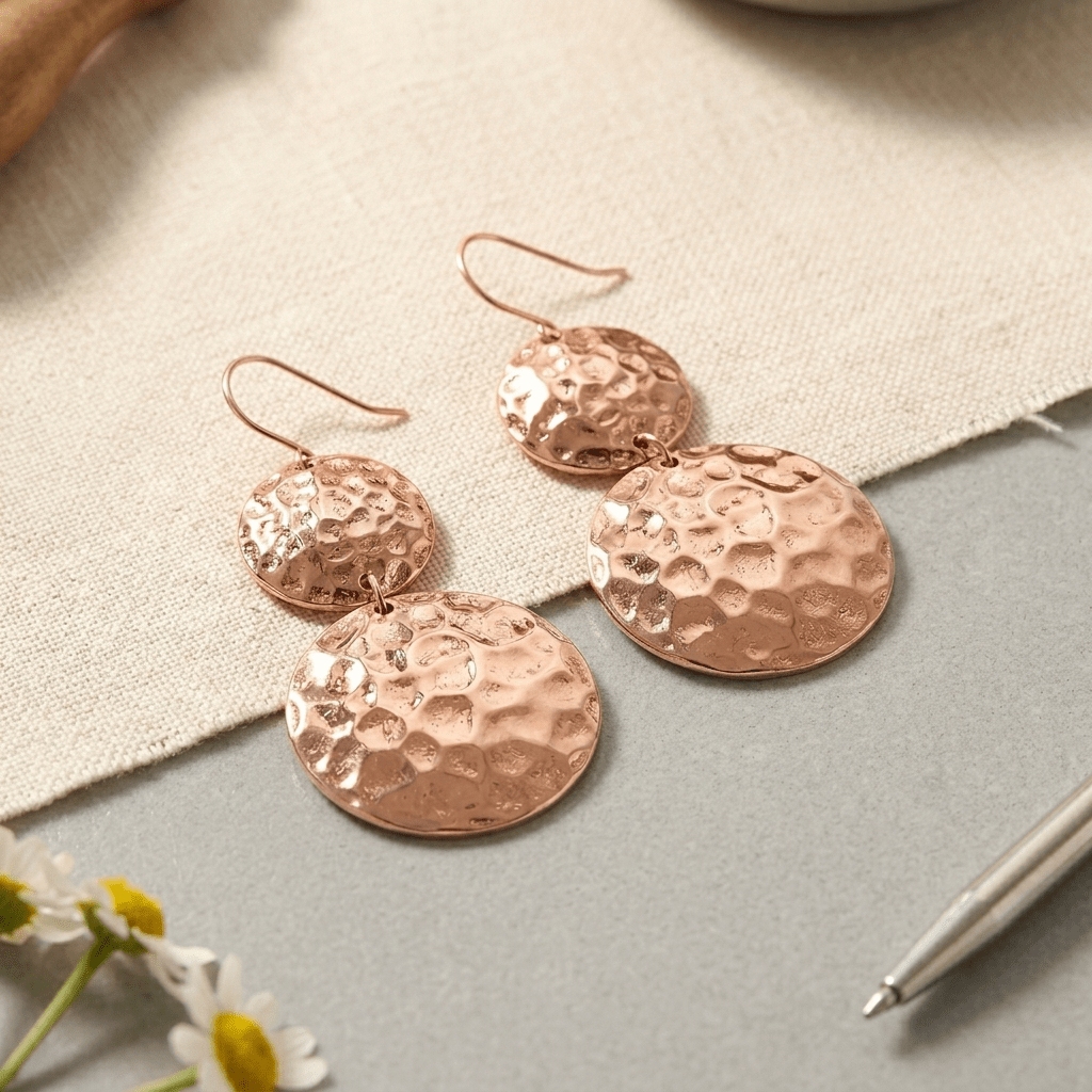 Hammered copper disc drop earrings