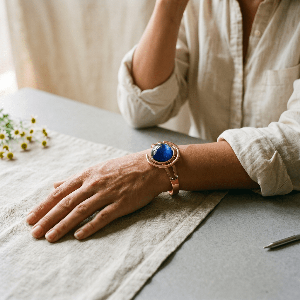 Copper cuff bracelet set with three blue-grey stones