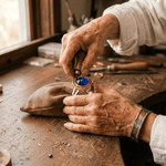 Copper cuff bracelet set with three blue-grey stones