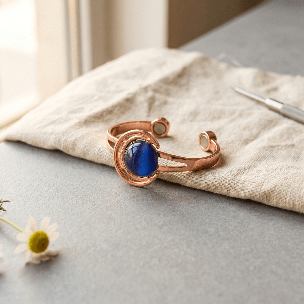 Copper cuff bracelet set with three blue-grey stones