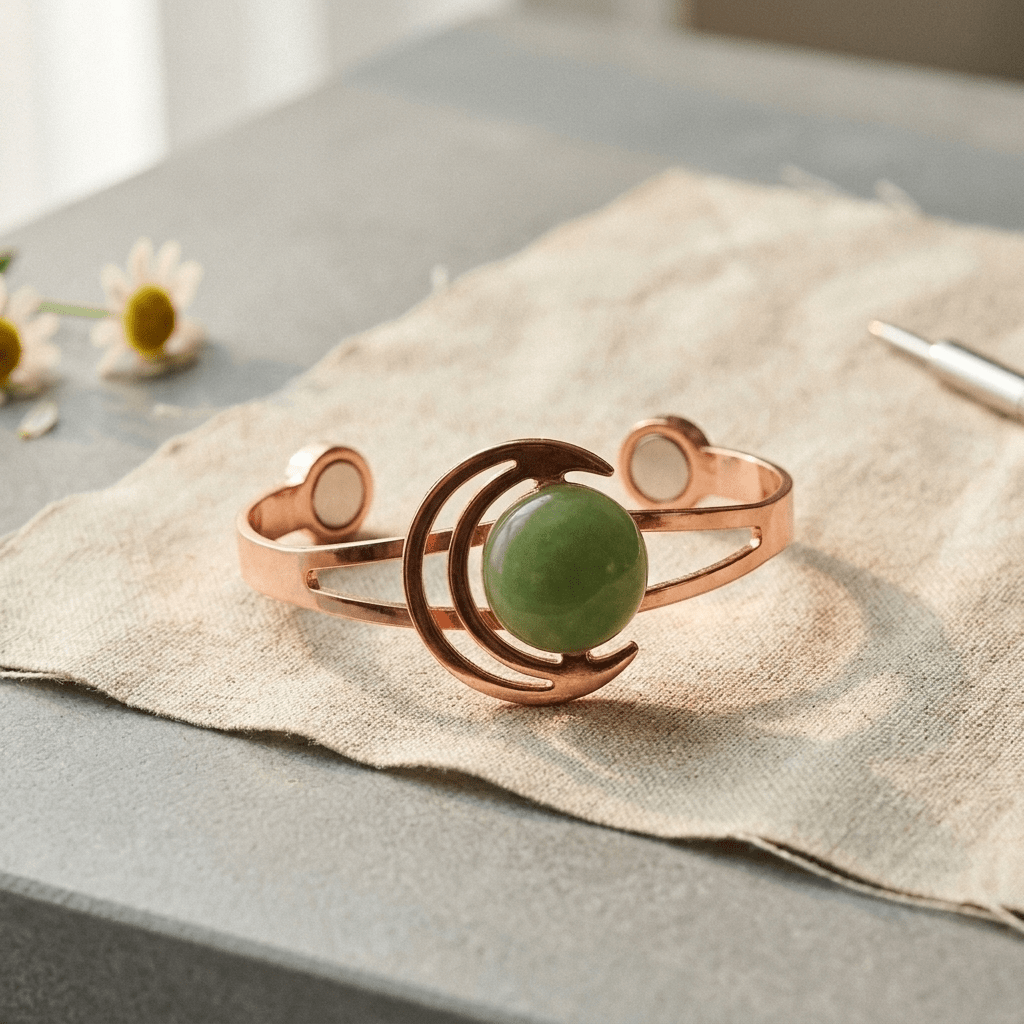 Copper cuff bracelet with a hand-set green stone