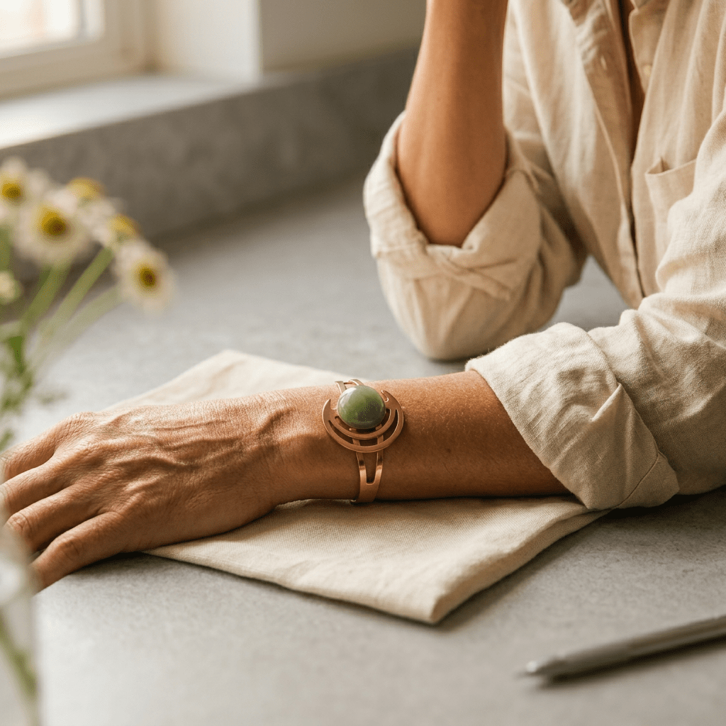 Copper cuff bracelet with a hand-set green stone