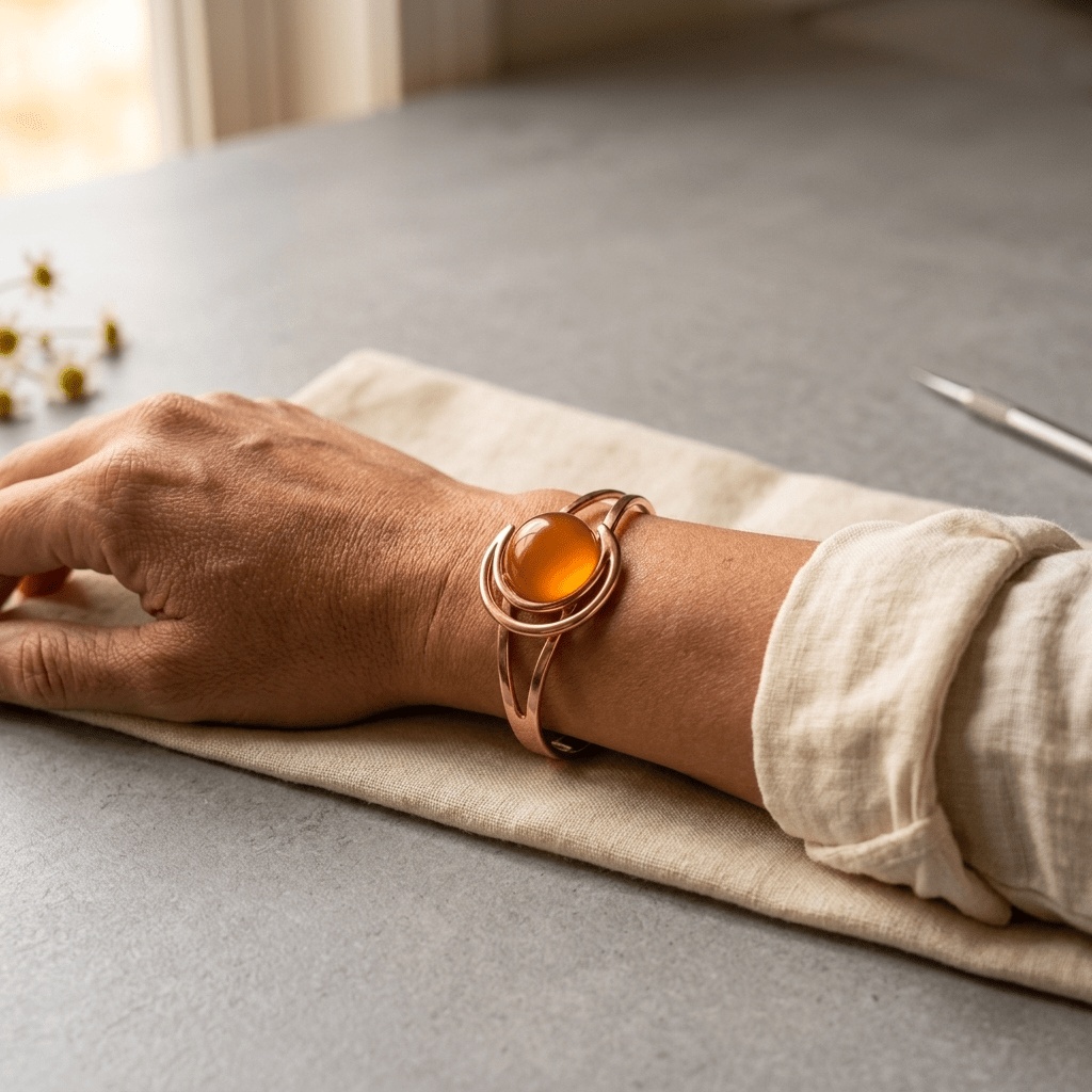 Copper cuff bracelet with a hand-set amber stone