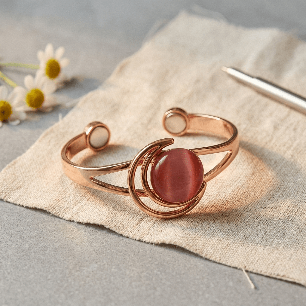 Copper cuff with pink stone inlay