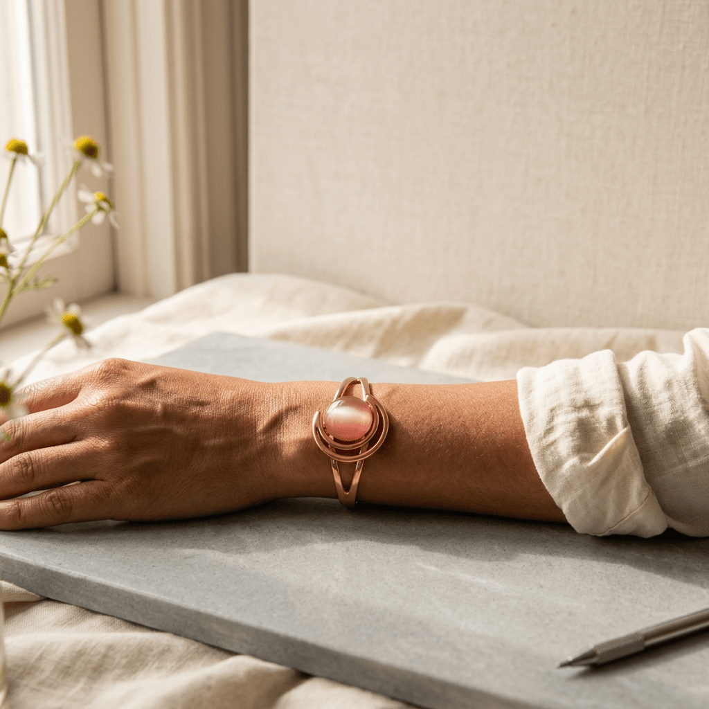 Copper cuff with pink stone inlay
