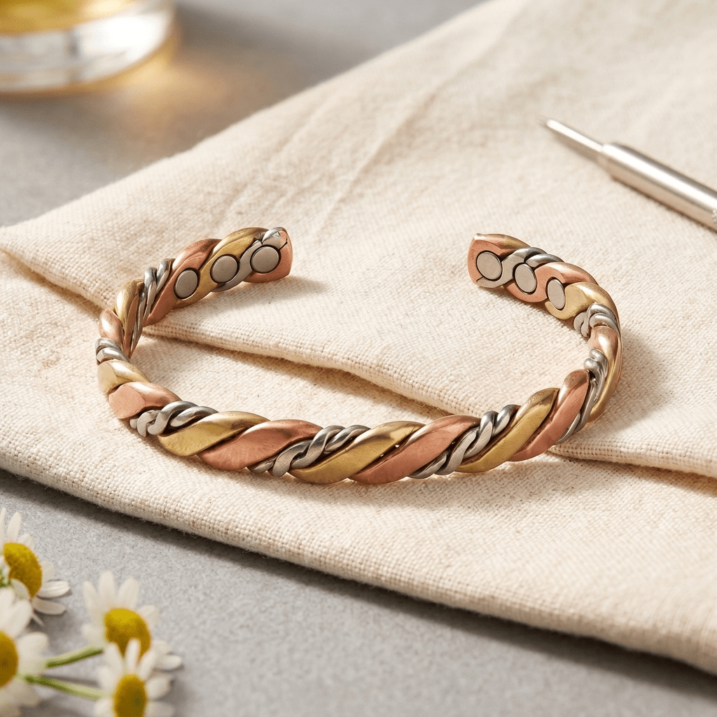 Three-strand braided copper cuff in mixed metal tones