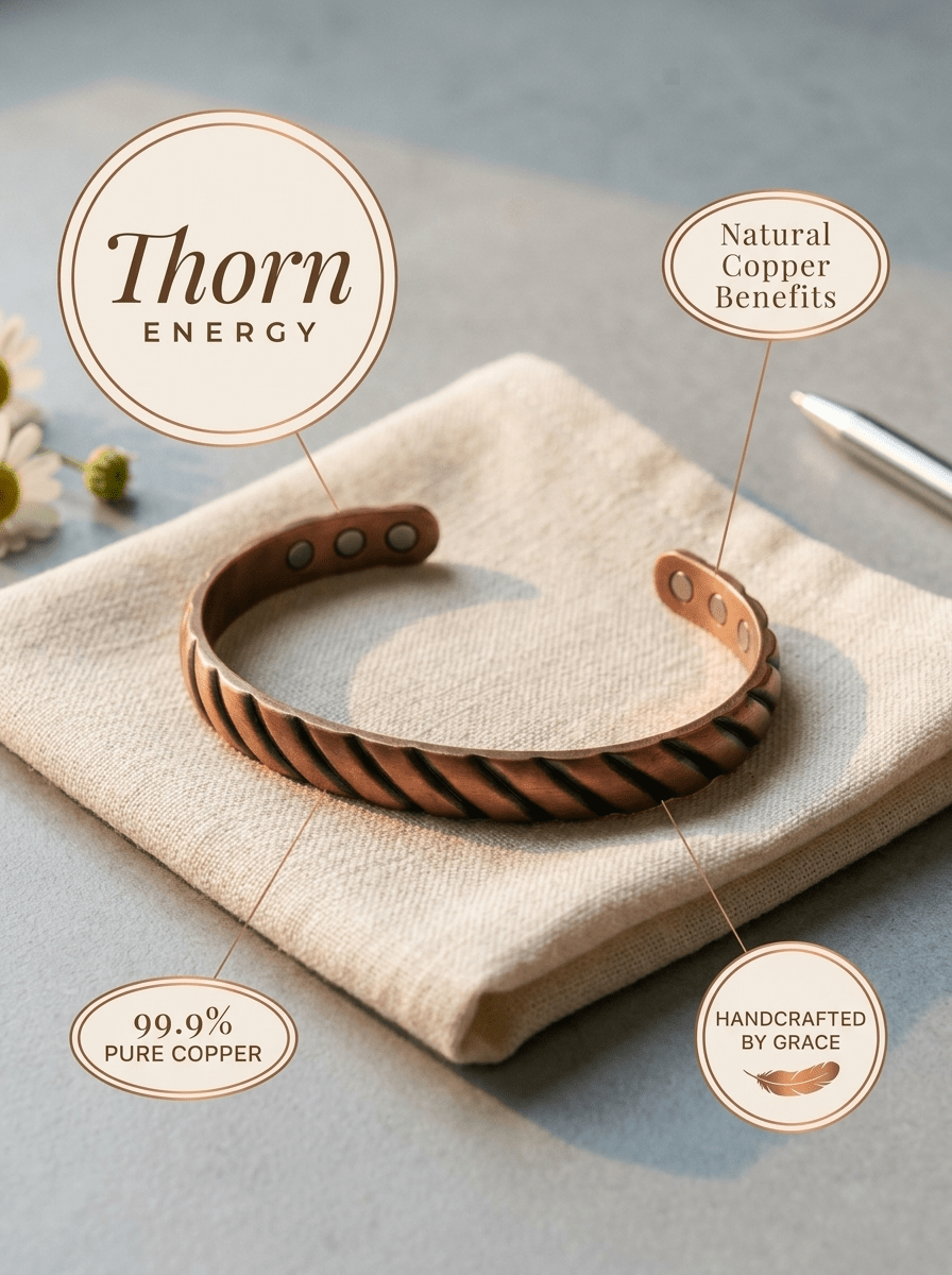 Copper cuff bracelet with a ridged texture and hidden magnets