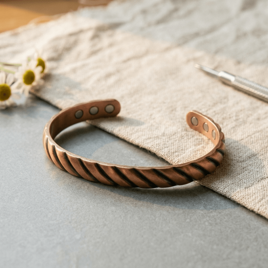 Copper cuff bracelet with a ridged texture and hidden magnets