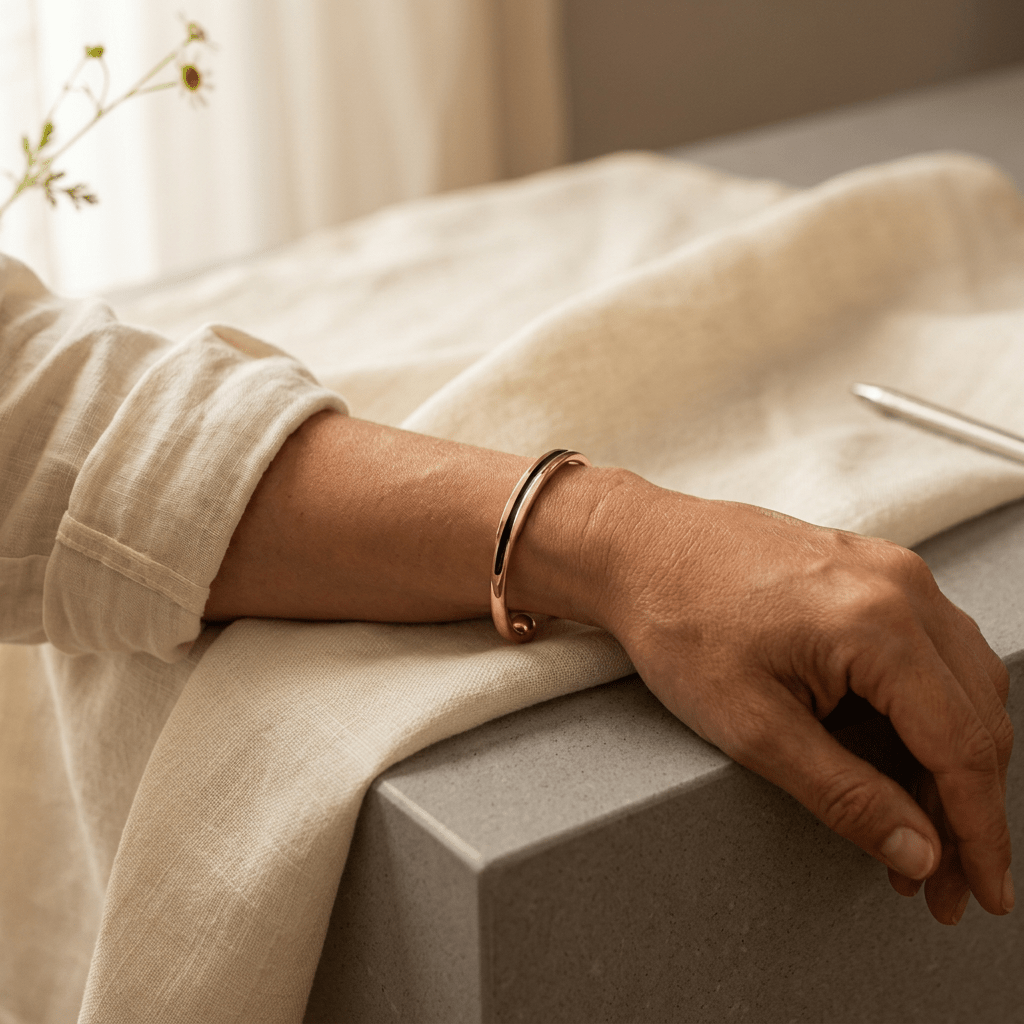 Polished copper cuff with ball-end detail