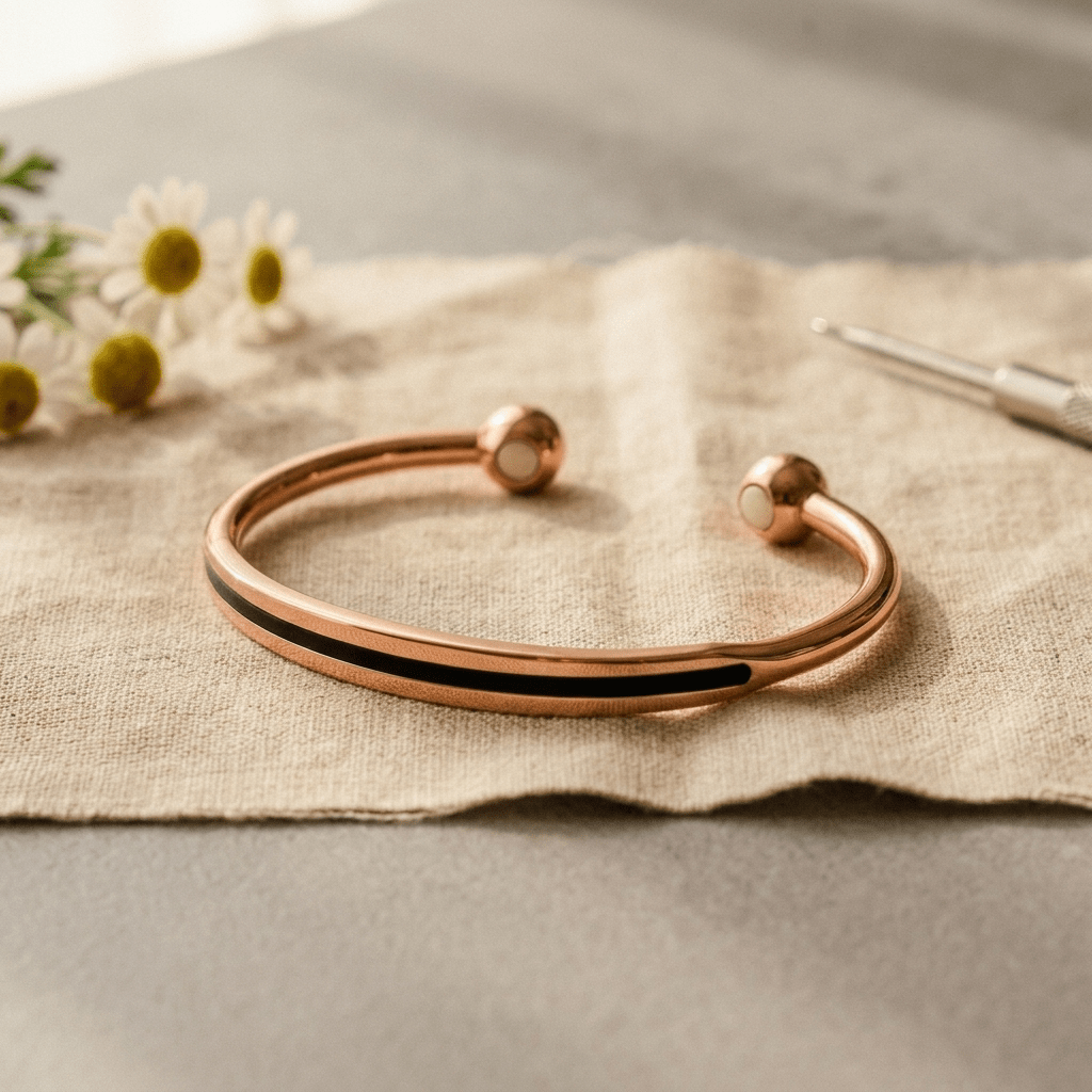 Polished copper cuff with ball-end detail