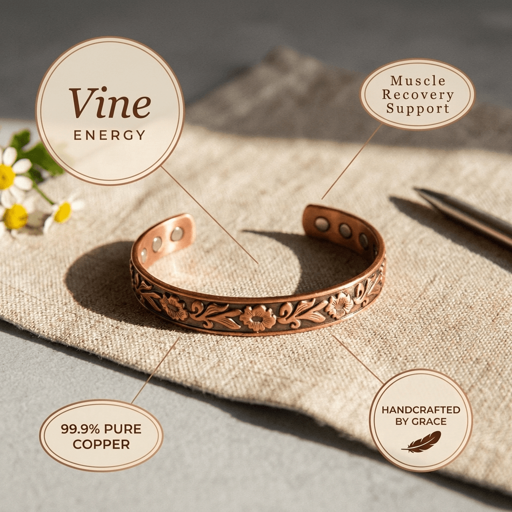 Copper cuff bracelet with hand-engraved vines and flowers