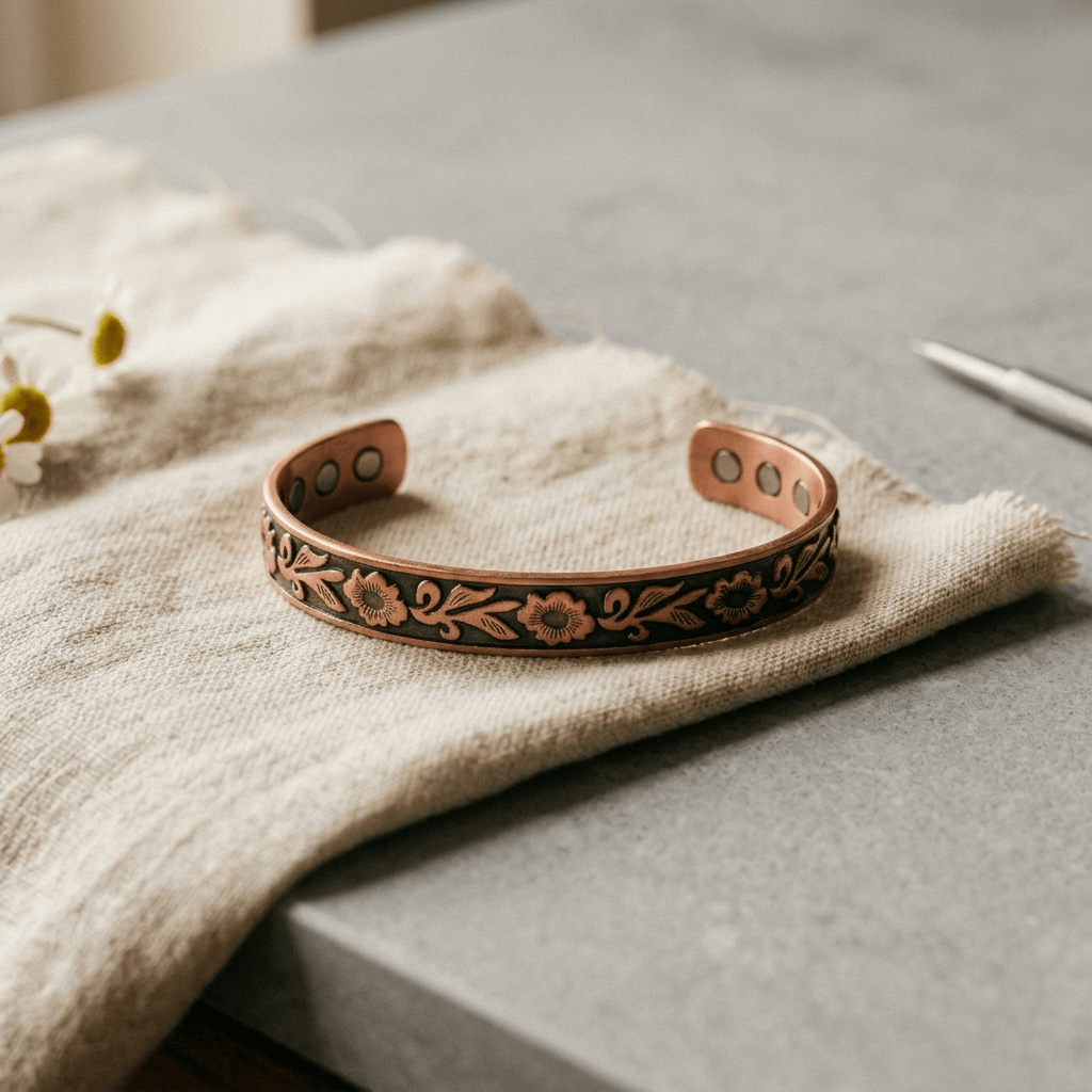 Copper cuff bracelet with hand-engraved vines and flowers