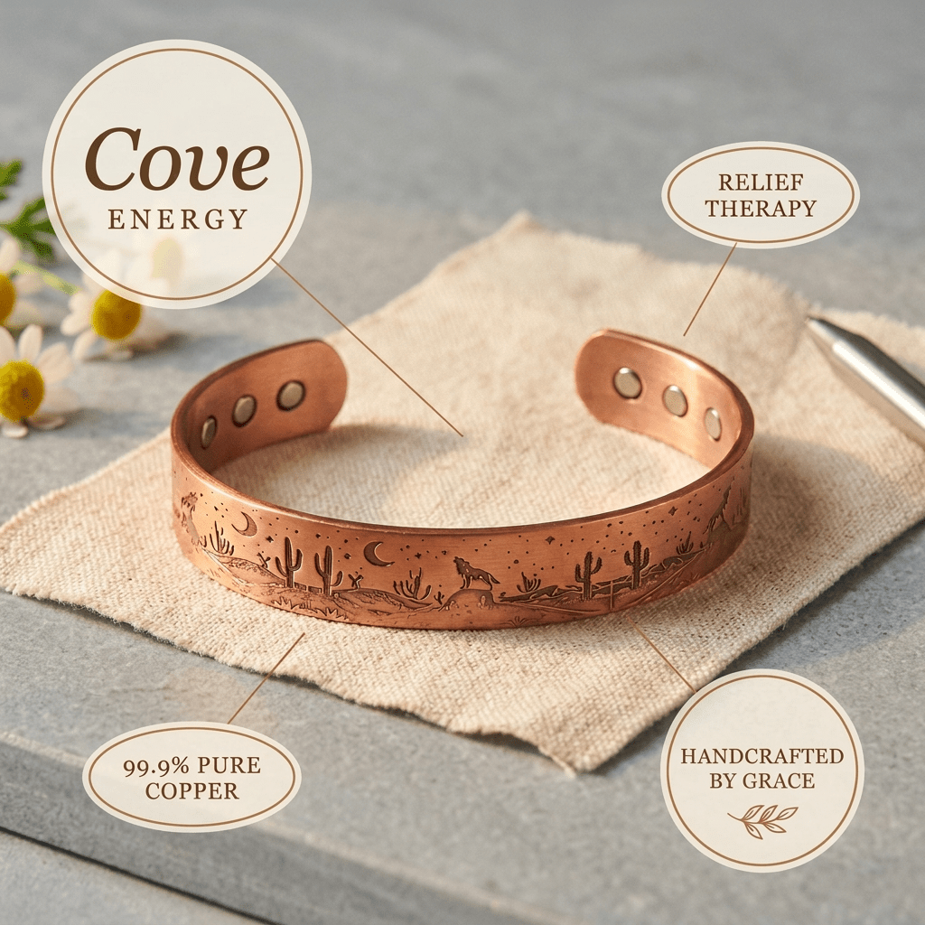 Copper cuff bracelet with two grooves and hidden magnets