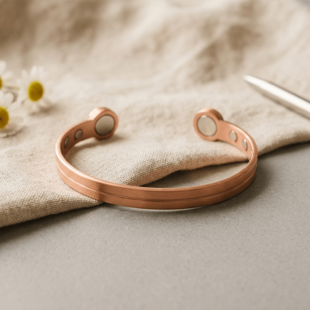 Copper cuff bracelet with two grooves and hidden magnets