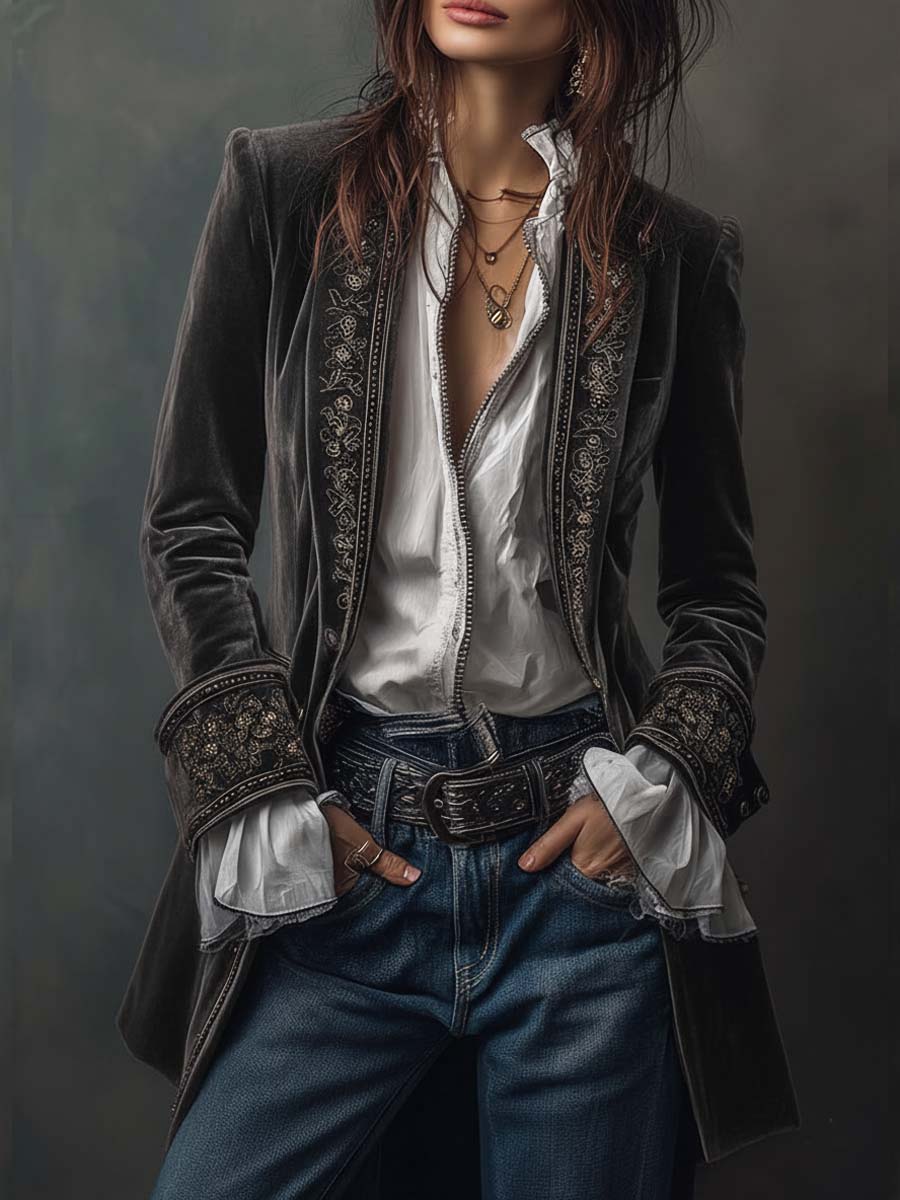 Woman wearing a long embroidered velvet jacket