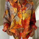 Botanical leaf print button-up blouse