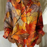 Botanical leaf print button-up blouse