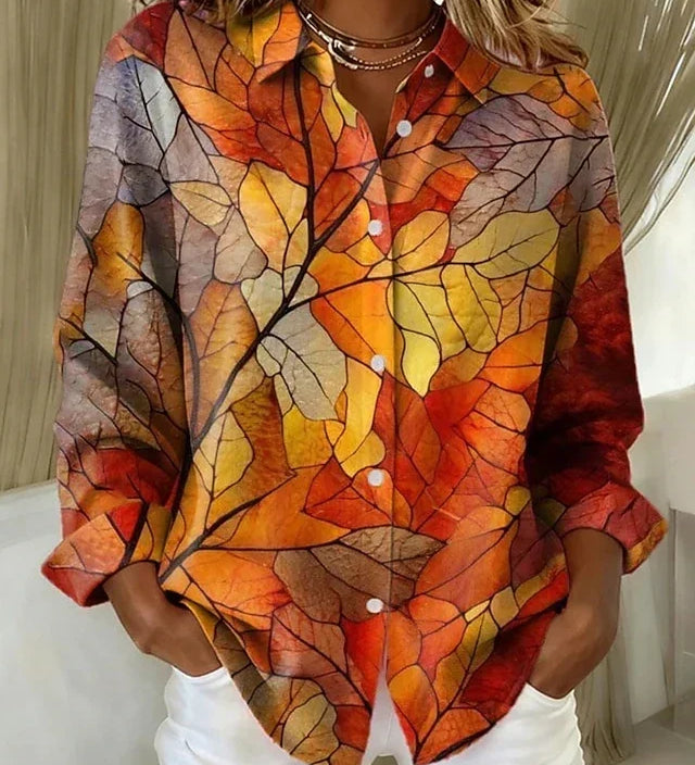 Botanical leaf print button-up blouse