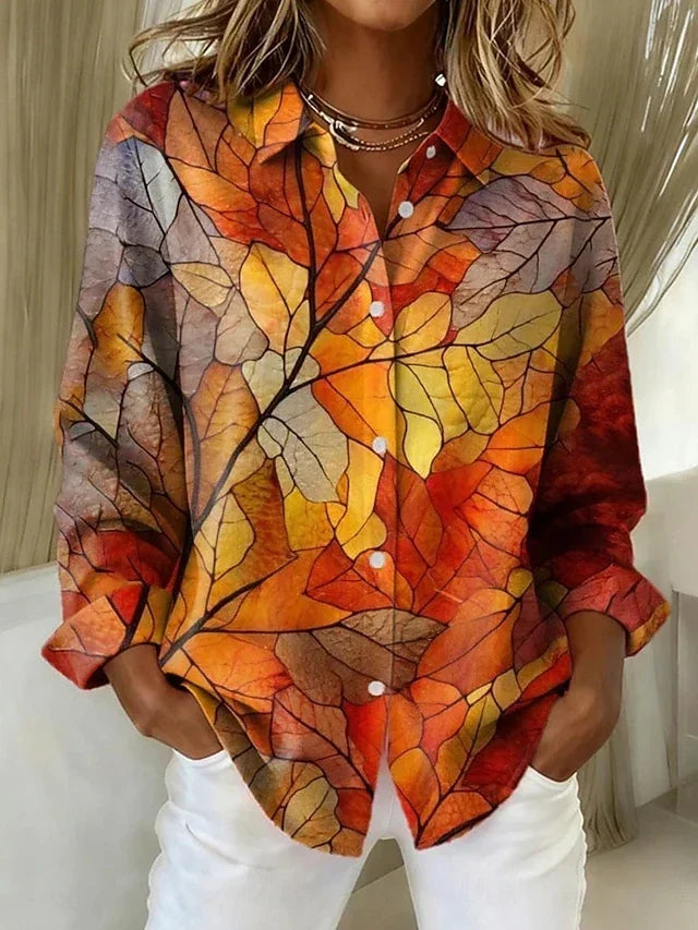 Botanical leaf print button-up blouse