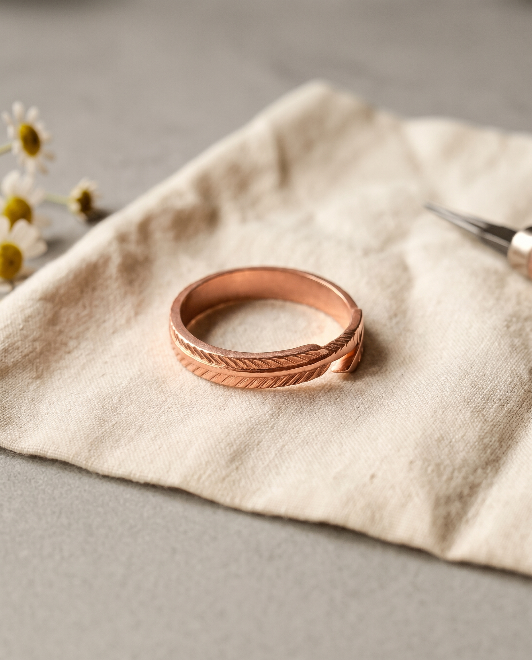Spiral engraved copper ring